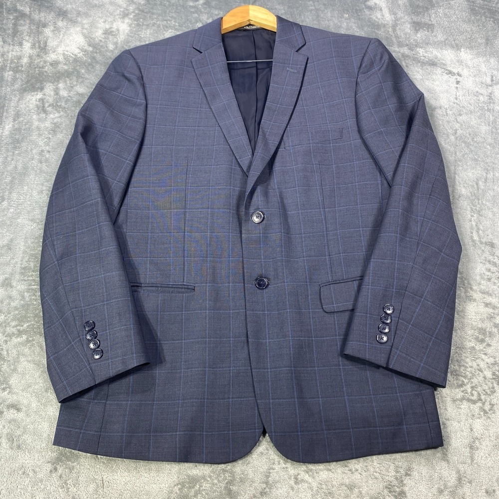 Jos A Bank Mens Blazer 42R Sport Coat Blue Plaid Windowpane 100% Wool Slim Fit
